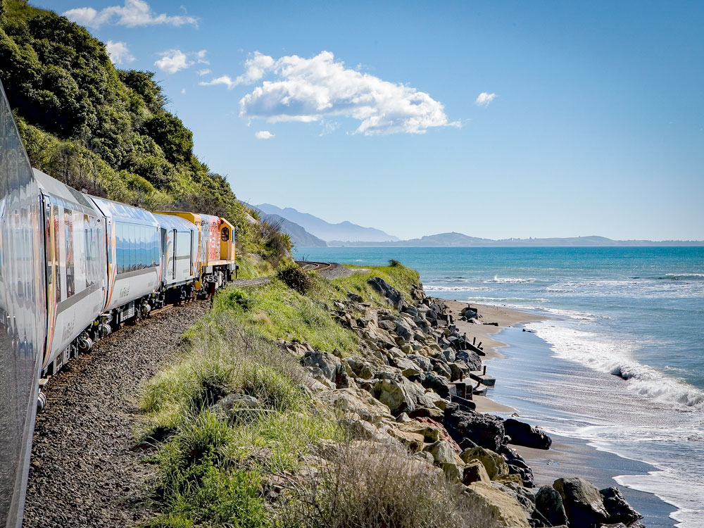 Coastal Pacific train to Christchurch travels along spectacular coastline
