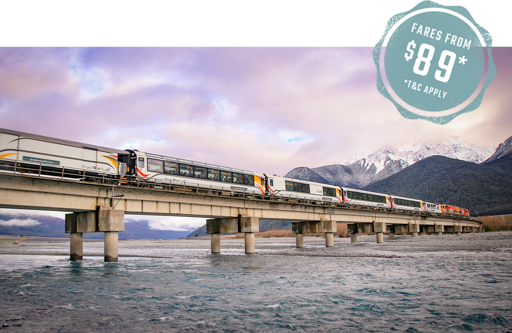 Winter on the Waimakariri River Bridge aboard the TranzAlpine train