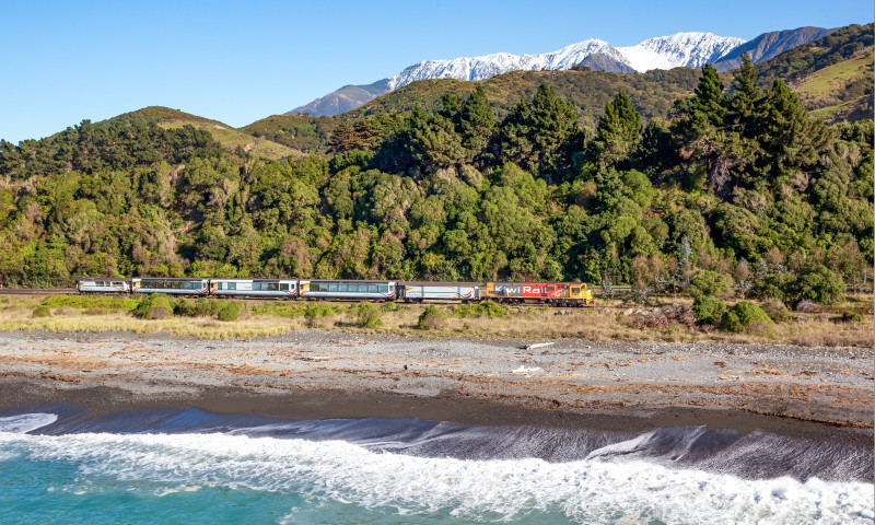 Coastal Pacific train in Kaikoura with mountains in background