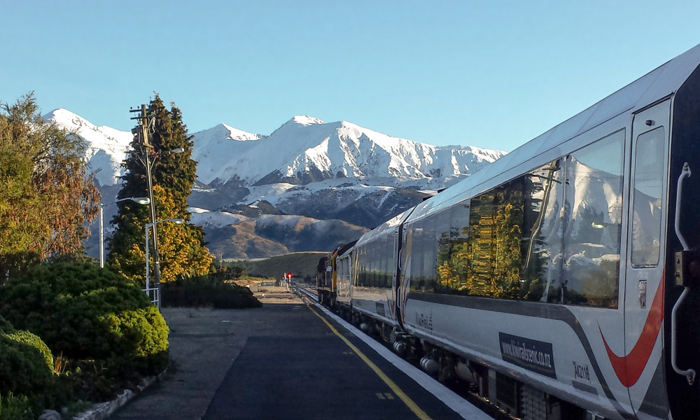 view of the Southern Alps from the TranzAlpine at Springfield