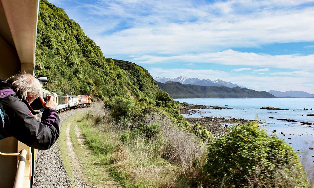 view from the viewing carriage on board the Coastal Pacific train south of Kaikoura